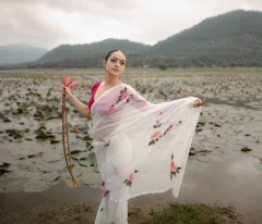 Hand-Painted Pristine White Organza Saree with Pink Lotus Motifs